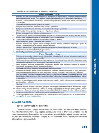 Na coleção são trabalhados os seguintes conteúdos:
                                             4º ano – 15 unidades – 224 pp.
      Números até 1 000: usos, contagem, composição, decomposição, registro, leitura, escrita por extenso, compara-
1
      ção; números maiores do que 1 000: registros, comparação, representação na reta numérica; sequências
      Poliedros e corpos redondos: classificação, nomenclatura, planificação; vértices, faces, arestas; vistas de sólidos
2
      – localização
3     Adição e subtração: algoritmos - gráficos de colunas
4     Comprimento: centímetro, milímetro, metro - tabela - quilômetro
5     Polígonos: reconhecimento, elementos, nomenclatura, classificação - perímetro
6     Multiplicação: ideias, registros – pictograma – algoritmos – tabelas
7     Divisão: ideias, algoritmos - tabela e gráfico de colunas
8     Tempo: leitura de relógio, registro de horas, dia, semana, mês, bimestre, trimestre, semestre, ano, ano bissexto
9     Frações: ideia, leitura e representação, comparação - chance, probabilidade
10.   Transformação de figuras geométricas: reprodução, ampliação, redução
11.   Massa: quilograma, grama; capacidade: litro e mililitro
      Números decimais: usos, registro, leitura, escrita por extenso, décimos, centésimo, comparação - gráfico de
12.
      colunas - adição e subtração de números decimais: algoritmo
13.   Tabelas e gráficos: coleta, organização e interpretação de dados; gráficos: de colunas, de setores
14.   Temperatura: instrumentos de medição, graus Celsius
15.   Simetria: figuras simétricas, eixo de simetria
                                             5º ano – 12 unidades – 240 pp.
      Sistemas de numeração: egípcio, romano, indo-arábico, valor posicional, sucessor, antecessor, sequência, or-
1
      dens, classes, composição e decomposição




                                                                                                                            Matemática
2     Sólidos geométricos: classificação, nomenclatura; poliedros: elementos, prismas, pirâmides, planificação; vistas
3     Adição e subtração: algoritmos, propriedades, expressões numéricas
      Retas: segmento, semirreta, retas paralelas, concorrentes; ângulos: ideia, elementos – medida de ângulos: o
4
      grau; ângulo reto, agudo e obtuso; retas perpendiculares
5     Multiplicação e divisão: algoritmos, propriedades - gráficos de colunas
      Polígonos: vértice, lado, ângulo interno, nomenclatura; triângulos: elementos, classificação, soma dos ângulos
6
      internos; quadriláteros: classificação, soma dos ângulos internos; circunferência e círculo: raio e diâmetro
      Área: ladrilhados, centímetro quadrado, metro quadrado, quilômetro quadrado, do retângulo; volume: empi-
7     lhamento de cubos, centímetro cúbico, decímetro cúbico, metro cúbico, do cubo, do paralelepípedo; volume
      e capacidade
      Frações: de quantidades, registro, leitura, frações decimais – tabela – frações: número misto, equivalência, com-
8
      paração, adição e subtração
9     Simetria
      Números decimais: décimos, centésimos, milésimos, comparação; adição e subtração de decimais: por conver-
10.   são em frações decimais, algoritmo – gráfico de barras – multiplicação de decimais por um natural – gráfico
      de colunas – divisão de inteiros com quociente decimal; divisão de decimais por 10, 100 e 1 000; porcentagem
11.   Comprimento: de milímetro a quilômetro; massa: de tonelada a miligrama.
      Tratamento da informação: coleta, organização e análise de dados; gráficos de colunas e de barras; porcenta-
12.
      gem; gráfico de setores; probabilidade.



ANÁLISE DA OBRA
      Seleção e distribuição dos conteúdos
       Os conteúdos dos campos matemáticos são distribuídos com alternância nos volumes,
mas há ênfase em números e operações. A articulação entre os diferentes campos é feita de
maneira adequada. Os conceitos são retomados e aprofundados, seja de um ano para ou-
tro, seja em um mesmo volume da coleção. A cada retomada, avança-se um pouco mais em
abrangência e complexidade.



                                                                                                                 243
 