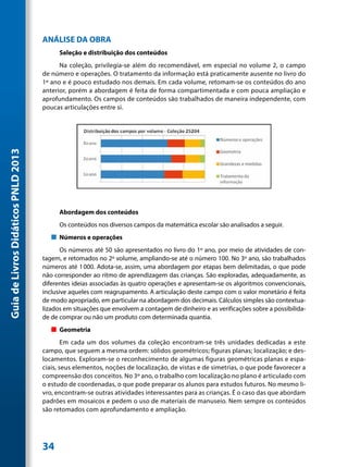 ANÁLISE DA OBRA
                                           Seleção e distribuição dos conteúdos
                                           Na coleção, privilegia-se além do recomendável, em especial no volume 2, o campo
                                     de número e operações. O tratamento da informação está praticamente ausente no livro do
                                     1º ano e é pouco estudado nos demais. Em cada volume, retomam-se os conteúdos do ano
                                     anterior, porém a abordagem é feita de forma compartimentada e com pouca ampliação e
                                     aprofundamento. Os campos de conteúdos são trabalhados de maneira independente, com
                                     poucas articulações entre si.
Guia de Livros Didáticos PNLD 2013




                                           Abordagem dos conteúdos
                                           Os conteúdos nos diversos campos da matemática escolar são analisados a seguir.
                                        „„ Números e operações
                                            Os números até 50 são apresentados no livro do 1º ano, por meio de atividades de con-
                                     tagem, e retomados no 2º volume, ampliando-se até o número 100. No 3º ano, são trabalhados
                                     números até 1000. Adota-se, assim, uma abordagem por etapas bem delimitadas, o que pode
                                     não corresponder ao ritmo de aprendizagem das crianças. São exploradas, adequadamente, as
                                     diferentes ideias associadas às quatro operações e apresentam-se os algoritmos convencionais,
                                     inclusive aqueles com reagrupamento. A articulação deste campo com o valor monetário é feita
                                     de modo apropriado, em particular na abordagem dos decimais. Cálculos simples são contextua-
                                     lizados em situações que envolvem a contagem de dinheiro e as verificações sobre a possibilida-
                                     de de comprar ou não um produto com determinada quantia.
                                        „„ Geometria
                                             Em cada um dos volumes da coleção encontram-se três unidades dedicadas a este
                                     campo, que seguem a mesma ordem: sólidos geométricos; figuras planas; localização; e des-
                                     locamentos. Exploram-se o reconhecimento de algumas figuras geométricas planas e espa-
                                     ciais, seus elementos, noções de localização, de vistas e de simetrias, o que pode favorecer a
                                     compreensão dos conceitos. No 3º ano, o trabalho com localização no plano é articulado com
                                     o estudo de coordenadas, o que pode preparar os alunos para estudos futuros. No mesmo li-
                                     vro, encontram-se outras atividades interessantes para as crianças. É o caso das que abordam
                                     padrões em mosaicos e pedem o uso de materiais de manuseio. Nem sempre os conteúdos
                                     são retomados com aprofundamento e ampliação.




                                     34
 