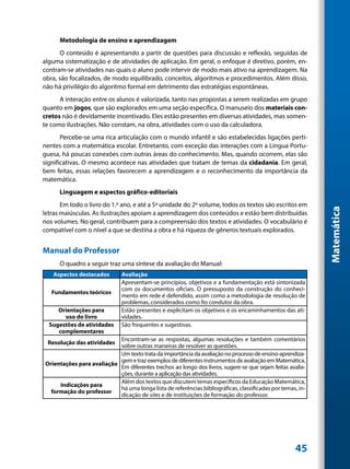 Metodologia de ensino e aprendizagem
      O conteúdo é apresentando a partir de questões para discussão e reflexão, seguidas de
alguma sistematização e de atividades de aplicação. Em geral, o enfoque é diretivo, porém, en-
contram-se atividades nas quais o aluno pode intervir de modo mais ativo na aprendizagem. Na
obra, são focalizados, de modo equilibrado, conceitos, algoritmos e procedimentos. Além disso,
não há privilégio do algoritmo formal em detrimento das estratégias espontâneas.
      A interação entre os alunos é valorizada, tanto nas propostas a serem realizadas em grupo
quanto em jogos, que são explorados em uma seção específica. O manuseio dos materiais con-
cretos não é devidamente incentivado. Eles estão presentes em diversas atividades, mas somen-
te como ilustrações. Não constam, na obra, atividades com o uso da calculadora.
       Percebe-se uma rica articulação com o mundo infantil e são estabelecidas ligações perti-
nentes com a matemática escolar. Entretanto, com exceção das interações com a Língua Portu-
guesa, há poucas conexões com outras áreas do conhecimento. Mas, quando ocorrem, elas são
significativas. O mesmo acontece nas atividades que tratam de temas da cidadania. Em geral,
bem feitas, essas relações favorecem a aprendizagem e o reconhecimento da importância da
matemática.
      Linguagem e aspectos gráfico-editoriais
       Em todo o livro do 1.º ano, e até a 5ª unidade do 2º volume, todos os textos são escritos em




                                                                                                            Matemática
letras maiúsculas. As ilustrações apoiam a aprendizagem dos conteúdos e estão bem distribuídas
nos volumes. No geral, contribuem para a compreensão dos textos e atividades. O vocabulário é
compatível com o nível a que se destina a obra e há riqueza de gêneros textuais explorados.


Manual do Professor
      O quadro a seguir traz uma síntese da avaliação do Manual:
    Aspectos destacados       Avaliação
                              Apresentam-se princípios, objetivos e a fundamentação está sintonizada
                              com os documentos oficiais. O pressuposto da construção do conheci-
   Fundamentos teóricos
                              mento em rede é defendido, assim como a metodologia de resolução de
                              problemas, considerados como fio condutor da obra.
     Orientações para         Estão presentes e explicitam os objetivos e os encaminhamentos das ati-
       uso do livro           vidades.
  Sugestões de atividades     São frequentes e sugestivas.
     complementares
                           Encontram-se as respostas, algumas resoluções e também comentários
 Resolução das atividades
                           sobre outras maneiras de resolver as questões.
                           Um texto trata da importância da avaliação no processo de ensino-aprendiza-
                           gem e traz exemplos de diferentes instrumentos de avaliação em Matemática.
Orientações para avaliação
                           Em diferentes trechos ao longo dos livros, sugere-se que sejam feitas avalia-
                           ções, durante a aplicação das atividades.
                           Além dos textos que discutem temas específicos da Educação Matemática,
     Indicações para
                           há uma longa lista de referências bibliográficas, classificadas por temas, in-
  formação do professor
                           dicação de sites e de instituições de formação do professor.




                                                                                                    45
 