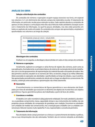 ANÁLISE DA OBRA
      Seleção e distribuição dos conteúdos
      Os conteúdos de números e operações ocupam espaço excessivo nos livros, em especial
nos volumes 2 e 3, em detrimento dos demais campos da matemática escolar. O tratamento da
informação, em particular, recebe pouca atenção na obra. Cada capítulo aborda os conteúdos de
apenas um dos campos e a articulação entre eles não é feita de modo satisfatório. Exceção ocorre
com o tratamento da informação, no qual há poucas atividades, mas elas estão presentes em
todos os capítulos de modo articulado. Os conteúdos dos campos são apresentados, ampliados e
aprofundados nos volumes e ao longo da coleção.




      Abordagem dos conteúdos




                                                                                                       Matemática
      Analisam-se, em seguida, as abordagens desenvolvidas em cada um dos campos de conteúdo.
   „„ Números e operações
       Inicialmente, exploram-se contagens e várias formas de registro dos números, assim como as
suas aplicações. Acertadamente, os princípios básicos do sistema de numeração decimal são trabalha-
dos com o uso de agrupamentos, de representações do material dourado e do quadro de ordens. Nos
dois primeiros volumes, estudam-se os números até 100 e, no terceiro, chega-se ao milhar. Diferentes
ideias associadas às operações são abordadas e aprofundadas ao longo da coleção, o que é positivo.
São apresentados procedimentos variados de cálculo até se chegar aos algoritmos convencionais. No
entanto, a distinção entre estimativas e aproximações não é feita claramente.
   „„ Geometria
      O reconhecimento e a nomenclatura de figuras geométricas e seus elementos são focali-
zados por meio de atividades que associam os desenhos de objetos do mundo físico aos objetos
geométricos. Figuras geométricas planas são trabalhadas a partir de faces de sólidos.
   „„ Grandezas e medidas
        O trabalho com valor monetário é adequadamente enfatizado. De modo satisfatório, abordam-
-se, as grandezas comprimento, massa, capacidade, tempo e seus instrumentos de medida, mas são
propostas poucas atividades de comparação de grandezas sem medição. Encontram-se atividades
com unidades de medida não convencionais, mas a transição para o trabalho com as unidades con-
vencionais é feita de maneira muito rápida No 3º ano, é apresentado o conceito de perímetro.
   „„ Tratamento da informação
     Nas atividades deste campo priorizam-se a leitura e o preenchimento de tabelas e gráficos,
mas as suas interpretações não são valorizadas. Também são em número reduzido as atividades

                                                                                               49
 
