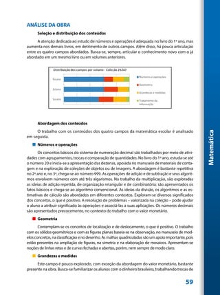 ANÁLISE DA OBRA
      Seleção e distribuição dos conteúdos
      A atenção dedicada ao estudo de números e operações é adequada no livro do 1º ano, mas
aumenta nos demais livros, em detrimento de outros campos. Além disso, há pouca articulação
entre os quatro campos abordados. Busca-se, sempre, articular o conhecimento novo com o já
abordado em um mesmo livro ou em volumes anteriores.




      Abordagem dos conteúdos
     O trabalho com os conteúdos dos quatro campos da matemática escolar é analisado




                                                                                                       Matemática
em seguida.
   „„ Números e operações
       Os conceitos básicos do sistema de numeração decimal são trabalhados por meio de ativi-
dades com agrupamentos, trocas e comparação de quantidades. No livro do 1º ano, estuda-se até
o número 20 e inicia-se a apresentação das dezenas, apoiada no manuseio de materiais de conta-
gem e na exploração de coleções de objetos ou de imagens. A abordagem é bastante repetitiva
no 2º ano e, no 3º, chega-se ao número 999. As operações de adição e de subtração e seus algorit-
mos envolvem números com até três algarismos. No trabalho da multiplicação, são exploradas
as ideias de adição repetida, de organização retangular e de combinatória; são apresentados os
fatos básicos e chega-se ao algoritmo convencional. As ideias da divisão, os algoritmos e as es-
timativas de cálculo são abordados em diferentes contextos. Exploram-se diversos significados
dos conceitos, o que é positivo. A resolução de problemas – valorizada na coleção – pode ajudar
o aluno a atribuir significado às operações e associá-las a suas aplicações. Os números decimais
são apresentados precocemente, no contexto do trabalho com o valor monetário.
   „„ Geometria
       Contemplam-se os conceitos de localização e de deslocamento, o que é positivo. O trabalho
com os sólidos geométricos e com as figuras planas baseia-se na observação, no manuseio de mod-
elos concretos, na classificação e no desenho. As malhas quadriculadas são um apoio importante, pois
estão presentes na ampliação de figuras, na simetria e na elaboração de mosaicos. Apresentam-se
noções de linhas retas e de curvas fechadas e abertas, porém, nem sempre de modo claro.
   „„ Grandezas e medidas
      Este campo é pouco explorado, com exceção da abordagem do valor monetário, bastante
presente na obra. Busca-se familiarizar os alunos com o dinheiro brasileiro, trabalhando trocas de


                                                                                               59
 