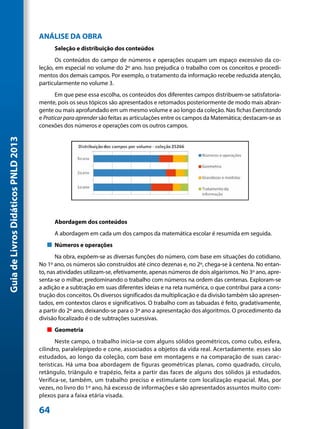 ANÁLISE DA OBRA
                                           Seleção e distribuição dos conteúdos
                                            Os conteúdos do campo de números e operações ocupam um espaço excessivo da co-
                                     leção, em especial no volume do 2º ano. Isso prejudica o trabalho com os conceitos e procedi-
                                     mentos dos demais campos. Por exemplo, o tratamento da informação recebe reduzida atenção,
                                     particularmente no volume 3.
                                            Em que pese essa escolha, os conteúdos dos diferentes campos distribuem-se satisfatoria-
                                     mente, pois os seus tópicos são apresentados e retomados posteriormente de modo mais abran-
                                     gente ou mais aprofundado em um mesmo volume e ao longo da coleção. Nas fichas Exercitando
                                     e Praticar para aprender são feitas as articulações entre os campos da Matemática; destacam-se as
                                     conexões dos números e operações com os outros campos.
Guia de Livros Didáticos PNLD 2013




                                           Abordagem dos conteúdos
                                           A abordagem em cada um dos campos da matemática escolar é resumida em seguida.
                                        „„ Números e operações
                                            Na obra, expõem-se as diversas funções do número, com base em situações do cotidiano.
                                     No 1º ano, os números são construídos até cinco dezenas e, no 2º, chega-se à centena. No entan-
                                     to, nas atividades utilizam-se, efetivamente, apenas números de dois algarismos. No 3º ano, apre-
                                     senta-se o milhar, predominando o trabalho com números na ordem das centenas. Exploram-se
                                     a adição e a subtração em suas diferentes ideias e na reta numérica, o que contribui para a cons-
                                     trução dos conceitos. Os diversos significados da multiplicação e da divisão também são apresen-
                                     tados, em contextos claros e significativos. O trabalho com as tabuadas é feito, gradativamente,
                                     a partir do 2º ano, deixando-se para o 3º ano a apresentação dos algoritmos. O procedimento da
                                     divisão focalizado é o de subtrações sucessivas.
                                        „„ Geometria
                                            Neste campo, o trabalho inicia-se com alguns sólidos geométricos, como cubo, esfera,
                                     cilindro, paralelepípedo e cone, associados a objetos da vida real. Acertadamente. esses são
                                     estudados, ao longo da coleção, com base em montagens e na comparação de suas carac-
                                     terísticas. Há uma boa abordagem de figuras geométricas planas, como quadrado, círculo,
                                     retângulo, triângulo e trapézio, feita a partir das faces de alguns dos sólidos já estudados.
                                     Verifica-se, também, um trabalho preciso e estimulante com localização espacial. Mas, por
                                     vezes, no livro do 1º ano, há excesso de informações e são apresentados assuntos muito com-
                                     plexos para a faixa etária visada.

                                     64
 