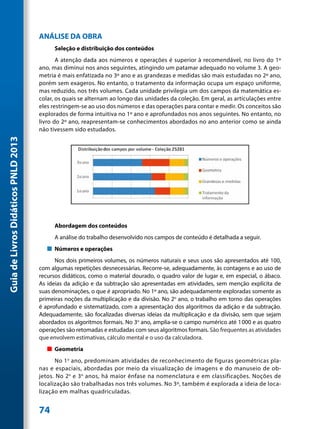 ANÁLISE DA OBRA
                                          Seleção e distribuição dos conteúdos
                                            A atenção dada aos números e operações é superior à recomendável, no livro do 1º
                                     ano, mas diminui nos anos seguintes, atingindo um patamar adequado no volume 3. A geo-
                                     metria é mais enfatizada no 3º ano e as grandezas e medidas são mais estudadas no 2º ano,
                                     porém sem exageros. No entanto, o tratamento da informação ocupa um espaço uniforme,
                                     mas reduzido, nos três volumes. Cada unidade privilegia um dos campos da matemática es-
                                     colar, os quais se alternam ao longo das unidades da coleção. Em geral, as articulações entre
                                     eles restringem-se ao uso dos números e das operações para contar e medir. Os conceitos são
                                     explorados de forma intuitiva no 1º ano e aprofundados nos anos seguintes. No entanto, no
                                     livro do 2º ano, reapresentam-se conhecimentos abordados no ano anterior como se ainda
                                     não tivessem sido estudados.
Guia de Livros Didáticos PNLD 2013




                                          Abordagem dos conteúdos
                                          A análise do trabalho desenvolvido nos campos de conteúdo é detalhada a seguir.
                                        „„ Números e operações
                                           Nos dois primeiros volumes, os números naturais e seus usos são apresentados até 100,
                                     com algumas repetições desnecessárias. Recorre-se, adequadamente, às contagens e ao uso de
                                     recursos didáticos, como o material dourado, o quadro valor de lugar e, em especial, o ábaco.
                                     As ideias da adição e da subtração são apresentadas em atividades, sem menção explícita de
                                     suas denominações, o que é apropriado. No 1º ano, são adequadamente exploradas somente as
                                     primeiras noções da multiplicação e da divisão. No 2o ano, o trabalho em torno das operações
                                     é aprofundado e sistematizado, com a apresentação dos algoritmos da adição e da subtração.
                                     Adequadamente, são focalizadas diversas ideias da multiplicação e da divisão, sem que sejam
                                     abordados os algoritmos formais. No 3o ano, amplia-se o campo numérico até 1 000 e as quatro
                                     operações são retomadas e estudadas com seus algoritmos formais. São frequentes as atividades
                                     que envolvem estimativas, cálculo mental e o uso da calculadora.
                                        „„ Geometria
                                           No 1 o ano, predominam atividades de reconhecimento de figuras geométricas pla-
                                     nas e espaciais, abordadas por meio da visualização de imagens e do manuseio de ob-
                                     jetos. No 2 o e 3 o anos, há maior ênfase na nomenclatura e em classificações. Noções de
                                     localização são trabalhadas nos três volumes. No 3º, também é explorada a ideia de loca-
                                     lização em malhas quadriculadas.


                                     74
 