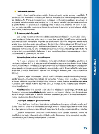 „„ Grandezas e medidas
      Nos três livros trabalham-se as medidas de comprimento, massa, tempo e capacidade. O
estudo do valor monetário é realizado por meio de atividades que contribuem para a formação
da cidadania. No 1o ano, a abordagem dos conteúdos envolve comparações de grandezas e a
apresentação de instrumentos de medição. No 2o e 3o anos, o trabalho com grandezas e medidas
é aprofundado e são estudadas as unidades padrão. As atividades presentes em todos os volu-
mes são muito parecidas entre si, mas frequentemente se articulam com as operações de adição
e de subtração e com tabelas.
   „„ Tratamento da informação
       Este campo é desenvolvido em unidades específicas em todos os volumes. São aborda-
das a montagem de tabelas, assim como a construção e a análise de gráficos. As atividades são
bastante variadas e apresentam propostas de levantamento de dados adequadas à faixa etária
visada, o que contribui para a aprendizagem dos conceitos relativos ao campo. O trabalho com
possibilidades é apenas sugerido no Manual do Professor do 2º e do 3º anos, em atividades as-
sociadas à multiplicação. Há uma atividade complementar interessante sobre possibilidades no
encarte Mais jogos e atividades do livro do 2º ano, na qual se utilizam moldes para que o aluno
visualize todas as combinações possíveis.
      Metodologia de ensino e aprendizagem




                                                                                                      Matemática
       No 1o ano, as unidades são iniciadas de forma apropriada com ilustrações, quadrinhas e
cantigas populares. No 2o e 3o anos, cada unidade principia com uma situação problema. A obra
reúne um conjunto de atividades que exploram diversos aspectos dos conteúdos focalizados. Em
algumas delas, encontram-se sistematizações apresentadas a partir de exemplos. Na maioria das
atividades, o aluno é incentivado a registrar suas estratégias de resolução e a discuti-las com os
colegas.
       Os poucos jogos presentes no Livro do Aluno são interessantes e contribuem para con-
solidar os conhecimentos matemáticos. No Manual do Professor e nos encartes, ao final dos
volumes, há outras sugestões de jogos. O incentivo ao uso de diversos materiais concretos
ilustrados, como ábaco, material dourado, régua, e balança, auxilia na construção do conhe-
cimento pelo aluno.
      As contextualizações baseiam-se em situações do cotidiano das crianças. Atividades que
favorecem a construção da cidadania estão presentes em todos os volumes, com destaque para
aquelas em que se discutem as relações humanas. No entanto, há poucas relações entre a Mate-
mática e outras áreas do conhecimento.
      Linguagem e aspectos gráfico-editoriais
        O livro do 1º ano é todo escrito em letras maiúsculas. A linguagem utilizada na coleção é
clara e adequada à fase de escolaridade das crianças. Nota-se cuidado especial em articular entre
si as diversas representações matemáticas: língua materna, desenhos, imagens, gráficos e tabelas.
       Os textos apresentados são curtos e diversificados, o que facilita e incentiva a leitura. Há
equilíbrio entre textos e ilustrações. As atividades estão dispostas de forma apropriada nas pági-
nas, com espaço suficiente para as respostas dos alunos.




                                                                                              75
 