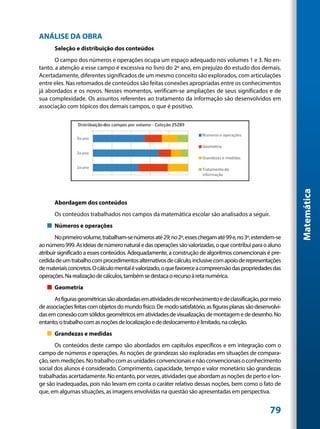 ANÁLISE DA OBRA
      Seleção e distribuição dos conteúdos
       O campo dos números e operações ocupa um espaço adequado nos volumes 1 e 3. No en-
tanto, a atenção a esse campo é excessiva no livro do 2º ano, em prejuízo do estudo dos demais.
Acertadamente, diferentes significados de um mesmo conceito são explorados, com articulações
entre eles. Nas retomados de conteúdos são feitas conexões apropriadas entre os conhecimentos
já abordados e os novos. Nesses momentos, verificam-se ampliações de seus significados e de
sua complexidade. Os assuntos referentes ao tratamento da informação são desenvolvidos em
associação com tópicos dos demais campos, o que é positivo.




                                                                                                             Matemática
      Abordagem dos conteúdos
      Os conteúdos trabalhados nos campos da matemática escolar são analisados a seguir.
   „„ Números e operações
       No primeiro volume, trabalham-se números até 29; no 2º, esses chegam até 99 e, no 3º, estendem-se
ao número 999. As ideias de número natural e das operações são valorizadas, o que contribui para o aluno
atribuir significado a esses conteúdos. Adequadamente, a construção de algoritmos convencionais é pre-
cedida de um trabalho com procedimentos alternativos de cálculo, inclusive com apoio de representações
de materiais concretos. O cálculo mental é valorizado, o que favorece a compreensão das propriedades das
operações. Na realização de cálculos, também se destaca o recurso à reta numérica.
   „„ Geometria
      As figuras geométricas são abordadas em atividades de reconhecimento e de classificação, por meio
de associações feitas com objetos do mundo físico. De modo satisfatório, as figuras planas são desenvolvi-
das em conexão com sólidos geométricos em atividades de visualização, de montagem e de desenho. No
entanto, o trabalho com as noções de localização e de deslocamento é limitado, na coleção.
   „„ Grandezas e medidas
       Os conteúdos deste campo são abordados em capítulos específicos e em integração com o
campo de números e operações. As noções de grandezas são exploradas em situações de compara-
ção, sem medições. No trabalho com as unidades convencionais e não convencionais o conhecimento
social dos alunos é considerado. Comprimento, capacidade, tempo e valor monetário são grandezas
trabalhadas acertadamente. No entanto, por vezes, atividades que abordam as noções de perto e lon-
ge são inadequadas, pois não levam em conta o caráter relativo dessas noções, bem como o fato de
que, em algumas situações, as imagens envolvidas na questão são apresentadas em perspectiva.


                                                                                                     79
 