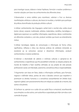 PNLD 2019
10
para investigar causas, elaborar e testar hipóteses, formular e resolver problemas e
inventar soluções com base nos conhecimentos das diferentes áreas.
3-Desenvolver o senso estético para reconhecer, valorizar e fruir as diversas
manifestações artísticas e culturais, das locais às mundiais, e também para participar
de práticas diversificadas da produção artístico-cultural.
4-Utilizar conhecimentos das linguagens verbal (oral e escrita) e/ou verbo-visual
(como Libras), corporal, multimodal, artística, matemática, científica, tecnológica e
digital para expressar-se e partilhar informações, experiências, ideias e sentimentos
em diferentes contextos e, com eles, produzir sentidos que levem ao entendimento
mútuo.
5-Utilizar tecnologias digitais de comunicação e informação de forma crítica,
significativa, reflexiva e ética nas diversas práticas do cotidiano (incluindo as
escolares) ao se comunicar, acessar e disseminar informações, produzir
conhecimentos e resolver problemas.
6-Valorizar a diversidade de saberes e vivências culturais e apropriar-se de
conhecimentos e experiências que lhe possibilitem entender as relações próprias do
mundo do trabalho e fazer escolhas alinhadas ao seu projeto de vida pessoal,
profissional e social, com liberdade, autonomia, consciência crítica e responsabilidade.
7-Argumentar com base em fatos, dados e informações confiáveis, para formular,
negociar e defender ideias, pontos de vista e decisões comuns que respeitem e
promovam os direitos humanos e a consciência socioambiental em âmbito local,
regional e global, com posicionamento ético em relação ao cuidado de si mesmo, dos
outros e do planeta.
8-Conhecer-se, apreciar-se e cuidar de sua saúde física e emocional, reconhecendo
suas emoções e as dos outros, com autocrítica e capacidade para lidar com elas e com
a pressão do grupo.
 