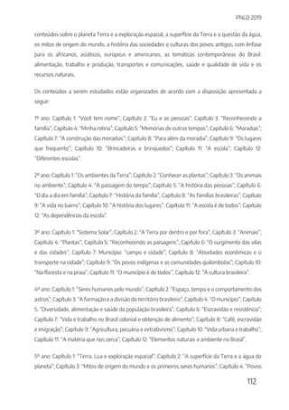 PNLD 2019
112
conteúdos sobre o planeta Terra e a exploração espacial, a superfície da Terra e a questão da água,
os mitos de origem do mundo, a história das sociedades e culturas dos povos antigos, com ênfase
para os africanos, asiáticos, europeus e americanos, as temáticas contemporâneas do Brasil:
alimentação, trabalho e produção, transportes e comunicações, saúde e qualidade de vida e os
recursos naturais.
Os conteúdos a serem estudados estão organizados de acordo com a disposição apresentada a
seguir:
1º ano: Capítulo 1: “Você tem nome”; Capítulo 2: “Eu e as pessoas”; Capítulo 3: “Reconhecendo a
família”; Capítulo 4: “Minha rotina”; Capítulo 5: “Memórias de outros tempos”; Capítulo 6: “Moradias”;
Capítulo 7: “A construção das moradias”; Capítulo 8: “Para além da moradia”; Capítulo 9: “Os lugares
que frequento”; Capítulo 10: “Brincadeiras e brinquedos”; Capítulo 11: “A escola”; Capítulo 12:
“Diferentes escolas”.
2º ano: Capítulo 1: “Os ambientes da Terra”; Capítulo 2: “Conhecer as plantas”; Capítulo 3: “Os animais
no ambiente”; Capítulo 4: “A passagem do tempo”; Capítulo 5: “A história das pessoas”; Capítulo 6:
“O dia a dia em família”; Capítulo 7: “História da família”; Capítulo 8: “As famílias brasileiras”; Capítulo
9: “A vida no bairro”; Capítulo 10: “A história dos lugares”; Capítulo 11: “A escola é de todos”; Capítulo
12: “As dependências da escola”.
3º ano: Capítulo 1: “Sistema Solar”; Capítulo 2: “A Terra por dentro e por fora”; Capítulo 3: “Animais”;
Capítulo 4: “Plantas”; Capítulo 5: “Reconhecendo as paisagens”; Capítulo 6: “O surgimento das vilas
e das cidades”; Capítulo 7: Município: “campo e cidade”; Capítulo 8: “Atividades econômicas e o
transporte na cidade”; Capítulo 9: “Os povos indígenas e as comunidades quilombolas”; Capítulo 10:
“Na floresta e na praia”; Capítulo 11: “O município é de todos”; Capítulo 12: “A cultura brasileira”.
4º ano: Capítulo 1: “Seres humanos pelo mundo”; Capítulo 2: “Espaço, tempo e o comportamento dos
astros”; Capítulo 3: “A formação e a divisão do território brasileiro”; Capítulo 4: “O município”; Capítulo
5: “Diversidade, alimentação e saúde da população brasileira”; Capítulo 6: “Escravidão e resistência”;
Capítulo 7: “Vida e trabalho no Brasil colonial e obtenção de alimento”; Capítulo 8: “Café, escravidão
e imigração”; Capítulo 9: “Agricultura, pecuária e extrativismo”; Capítulo 10: “Vida urbana e trabalho”;
Capítulo 11: “A matéria que nos cerca”; Capítulo 12: “Elementos naturais e ambiente no Brasil”.
5º ano: Capítulo 1: “Terra, Lua e exploração espacial”; Capítulo 2: “A superfície da Terra e a água do
planeta”; Capítulo 3: “Mitos de origem do mundo e os primeiros seres humanos”; Capítulo 4: “Povos
 