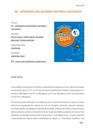 PNLD 2019
116
AR - APRENDER E RELACIONAR: HISTÓRIA E GEOGRAFIA
TÍTULO
AR - APRENDER E RELACIONAR: HISTÓRIA E
GEOGRAFIA
AUTORIA
NEUZA GUELLI, CÍNTIA NIGRO, RICARDO
DREGUER, CÁSSIA MARCONI
CÓDIGO DO LIVRO
0152P19366
EDITORIAL
MODERNA 1/2017
LIVRO COM CONTEÚDO AUDIOVISUAL
Visão Geral
A obra didática interdisciplinar de História e Geografia está organizada em cinco volumes destinados
aos estudantes dos 1º, 2º, 3º, 4º e 5º anos do Ensino Fundamental. O volume correspondente ao 1º
ano possui 188 páginas; o do 2º ano, 188 páginas; o do 3º ano, 196 páginas; o do 4º ano, 236 páginas
e o do 5º ano, 228 páginas.
Os volumes da obra destinados aos professores, como o Manual do Professor, seguem a mesma
estrutura de organização dos volumes do Livro do Estudante, entretanto, possuem conteúdos,
orientações didático-pedagógicas e respostas de atividades. O Manual do Professor apresenta, como
objetivo principal, subsidiar o desenvolvimento das sequências didáticas propostas em cada Livro do
Estudante, encontrando-se estruturado em duas partes: 1. “Orientações Gerais”, as quais comportam
a apresentação da proposta teórico-metodológica da coleção e 2. “Orientações Específicas”, cuja
 