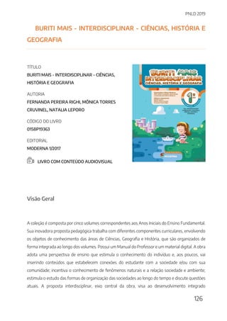 PNLD 2019
126
BURITI MAIS - INTERDISCIPLINAR - CIÊNCIAS, HISTÓRIA E
GEOGRAFIA
TÍTULO
BURITI MAIS - INTERDISCIPLINAR - CIÊNCIAS,
HISTÓRIA E GEOGRAFIA
AUTORIA
FERNANDA PEREIRA RIGHI, MÔNICA TORRES
CRUVINEL, NATALIA LEPORO
CÓDIGO DO LIVRO
0158P19363
EDITORIAL
MODERNA 1/2017
LIVRO COM CONTEÚDO AUDIOVISUAL
Visão Geral
A coleção é composta por cinco volumes correspondentes aos Anos Iniciais do Ensino Fundamental.
Sua inovadora proposta pedagógica trabalha com diferentes componentes curriculares, envolvendo
os objetos de conhecimento das áreas de Ciências, Geografia e História, que são organizados de
forma integrada ao longo dos volumes. Possui um Manual do Professor e um material digital. A obra
adota uma perspectiva de ensino que estimula o conhecimento do indivíduo e, aos poucos, vai
inserindo conteúdos que estabelecem conexões do estudante com a sociedade e/ou com sua
comunidade; incentiva o conhecimento de fenômenos naturais e a relação sociedade e ambiente;
estimula o estudo das formas de organização das sociedades ao longo do tempo e discute questões
atuais. A proposta interdisciplinar, eixo central da obra, visa ao desenvolvimento integrado
 