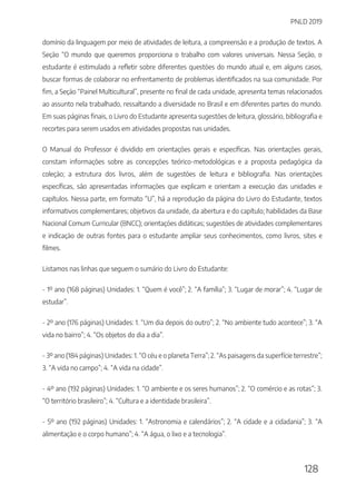 PNLD 2019
128
domínio da linguagem por meio de atividades de leitura, a compreensão e a produção de textos. A
Seção “O mundo que queremos proporciona o trabalho com valores universais. Nessa Seção, o
estudante é estimulado a refletir sobre diferentes questões do mundo atual e, em alguns casos,
buscar formas de colaborar no enfrentamento de problemas identificados na sua comunidade. Por
fim, a Seção “Painel Multicultural”, presente no final de cada unidade, apresenta temas relacionados
ao assunto nela trabalhado, ressaltando a diversidade no Brasil e em diferentes partes do mundo.
Em suas páginas finais, o Livro do Estudante apresenta sugestões de leitura, glossário, bibliografia e
recortes para serem usados em atividades propostas nas unidades.
O Manual do Professor é dividido em orientações gerais e específicas. Nas orientações gerais,
constam informações sobre as concepções teórico-metodológicas e a proposta pedagógica da
coleção; a estrutura dos livros, além de sugestões de leitura e bibliografia. Nas orientações
específicas, são apresentadas informações que explicam e orientam a execução das unidades e
capítulos. Nessa parte, em formato “U”, há a reprodução da página do Livro do Estudante, textos
informativos complementares; objetivos da unidade, da abertura e do capítulo; habilidades da Base
Nacional Comum Curricular (BNCC); orientações didáticas; sugestões de atividades complementares
e indicação de outras fontes para o estudante ampliar seus conhecimentos, como livros, sites e
filmes.
Listamos nas linhas que seguem o sumário do Livro do Estudante:
- 1º ano (168 páginas) Unidades: 1. “Quem é você”; 2. “A família”; 3. “Lugar de morar”; 4. “Lugar de
estudar”.
- 2º ano (176 páginas) Unidades: 1. “Um dia depois do outro”; 2. “No ambiente tudo acontece”; 3. “A
vida no bairro”; 4. “Os objetos do dia a dia”.
- 3º ano (184 páginas) Unidades: 1. “O céu e o planeta Terra”; 2. “As paisagens da superfície terrestre”;
3. “A vida no campo”; 4. “A vida na cidade”.
- 4º ano (192 páginas) Unidades: 1. “O ambiente e os seres humanos”; 2. “O comércio e as rotas”; 3.
“O território brasileiro”; 4. “Cultura e a identidade brasileira”.
- 5º ano (192 páginas) Unidades: 1. “Astronomia e calendários”; 2. “A cidade e a cidadania”; 3. “A
alimentação e o corpo humano”; 4. “A água, o lixo e a tecnologia”.
 