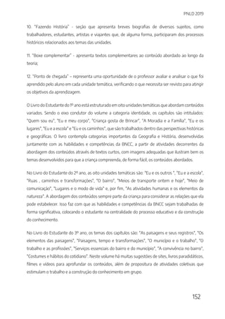 PNLD 2019
152
10. “Fazendo História” - seção que apresenta breves biografias de diversos sujeitos, como
trabalhadores, estudantes, artistas e viajantes que, de alguma forma, participaram dos processos
históricos relacionados aos temas das unidades.
11. “Boxe complementar” - apresenta textos complementares ao conteúdo abordado ao longo da
teoria;
12. “Ponto de chegada” – representa uma oportunidade de o professor avaliar e analisar o que foi
aprendido pelo aluno em cada unidade temática, verificando o que necessita ser revisto para atingir
os objetivos da aprendizagem.
O Livro do Estudante do 1º ano está estruturado em oito unidades temáticas que abordam conteúdos
variados. Sendo o eixo condutor do volume a categoria identidade, os capítulos são intitulados:
"Quem sou eu", "Eu e meu corpo", "Criança gosta de Brincar", “A Moradia e a Família", "Eu e os
lugares", "Eu e a escola" e "Eu e os caminhos", que são trabalhados dentro das perspectivas históricas
e geográficas. O livro contempla categorias importantes da Geografia e História, desenvolvidas
juntamente com as habilidades e competências da BNCC, a partir de atividades decorrentes da
abordagem dos conteúdos através de textos curtos, com imagens adequadas que ilustram bem os
temas desenvolvidos para que a criança compreenda, de forma fácil, os conteúdos abordados.
No Livro do Estudante do 2º ano, as oito unidades temáticas são: "Eu e os outros ", "Eu e a escola",
"Ruas , caminhos e transformações", "O bairro", "Meios de transporte ontem e hoje", "Meio de
comunicação", "Lugares e o modo de vida" e, por fim, "As atividades humanas e os elementos da
natureza". A abordagem dos conteúdos sempre parte da criança para considerar as relações que ela
pode estabelecer. Isso faz com que as habilidades e competências da BNCC sejam trabalhadas de
forma significativa, colocando o estudante na centralidade do processo educativo e da construção
do conhecimento.
No Livro do Estudante do 3º ano, os temas dos capítulos são: "As paisagens e seus registros", "Os
elementos das paisagens", "Paisagens, tempo e transformações", "O município e o trabalho", "O
trabalho e as profissões", "Serviços essenciais do bairro e do município", "A convivência no bairro",
"Costumes e hábitos do cotidiano". Neste volume há muitas sugestões de sites, livros paradidáticos,
filmes e vídeos para aprofundar os conteúdos, além de propositura de atividades coletivas que
estimulam o trabalho e a construção do conhecimento em grupo.
 