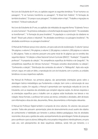 PNLD 2019
153
No Livro do Estudante do 4º ano, os capítulos seguem as seguintes temáticas: "O ser humano e as
paisagens", "O ser humano transforma as paisagens", "O Brasil tem história", "A formação do
território brasileiro", "O campo e suas paisagens", "A cidade ontem e hoje", "Trabalho e migrações no
território", "O Brasil multicultural".
No Livro do Estudante do 5º ano, os capítulos são intitulados da seguinte forma: "O planeta Terra e
os seres humanos", "As primeiras civilizações e a transformação do espaço terrestre", "As sociedades
se transformam", " A formação do povo brasileiro", "A população e a construção da cidadania no
Brasil", "Brasil: país urbano e industrial", "As atividades econômicas e as paisagens brasileiras", "As
atividades econômicas e as paisagens brasileiras".
O Manual do Professor possui cinco volumes, um para cada ano de escolarização. O volume 1 possui
194 páginas; o volume 2, 194 páginas; o volume 3, 226 páginas; o volume 4, 290 páginas e o volume
5, 306 páginas. Todos os volumes possuem uma parte inicial de 34 páginas que se constitui dos
seguintes tópicos: “A Coleção e a Base Nacional Comum Curricular (BNCC)”; “Avaliação”; “O papel do
professor”; “A proposta da coleção”; “As competências específicas de História e de Geografia”; “As
competências específicas de Ciências Humanas”; “Principais conceitos desenvolvidos na coleção”;
“Conhecendo a coleção”; “Distribuição dos conteúdos do volume” e “Bibliografia”. Após esta seção
comum, segue, em cada um deles, a reprodução do Livro do Estudante, com o sumário, as unidades
temáticas e os seus respectivos capítulos.
No Manual do Professor, nas primeiras páginas, são apresentadas orientações gerais sobre a
abordagem teórico-metodológica que fundamenta a coleção, bem como a estruturação de seus
conteúdos e seções. Em seguida, o Manual é apresentado com reprodução reduzida do Livro do
Estudante, com as respostas das atividades que compõem algumas seções. As demais respostas e
as orientações específicas para o trabalho com as páginas estão localizadas nas laterais e nos
rodapés. Nesse formato, o professor tem acesso aos temas, conteúdos e atividades, além de boxes
com informações e dicas de sites, documentos, filmes, documentários e informações relevantes.
O Manual do Professor Digital também é composto de cinco volumes. Os volumes não possuem
sumário. Todos eles possuem: apresentação; plano de desenvolvimento anual; auadro dos objetos
de conhecimento e habilidades por bimestre e práticas didático-pedagógicas; lista de atividades
recorrentes; dicas para a gestão das aulas; acompanhamento da aprendizagem; fontes de pesquisas
para o professor e para os alunos; bibliografia; cinco projetos integradores interdisciplinares; um para
cada ano, com planejamentos de doze sequências didáticas, sendo três por bimestre, e o
 