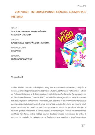 PNLD 2019
157
VEM VOAR - INTERDISCIPLINAR: CIÊNCIAS, GEOGRAFIA E
HISTÓRIA
TÍTULO
VEM VOAR - INTERDISCIPLINAR: CIÊNCIAS,
GEOGRAFIA E HISTÓRIA
AUTORIA
ISABEL REBELO ROQUE, WAGNER NICARETTA
CÓDIGO DO LIVRO
0056P19363
EDITORIAL
EDITORA SCIPIONE 1/2017
Visão Geral
A obra apresenta caráter interdisciplinar, integrando conhecimentos de História, Geografia e
Ciências. É composta por cinco volumes do Livro do Estudante, do Manual do Professor e do Material
do Professor Digital, que se destinam aos Anos Iniciais do Ensino Fundamental. Tal como expresso
na Base Nacional Comum Curricular (BNCC), os conteúdos são organizados a partir de unidades
temáticas, objetos de conhecimento e habilidades, com o objetivo de desenvolver competências que
permitam aos estudantes compreenderem a si mesmos e ao outro, bem como seu entorno social.
Assim organizados, os conteúdos contribuem para que os estudantes percebam, interajam e
resolvam questões relacionadas às temporalidades, às transformações sociais e aos conhecimentos
científicos. Para tanto, a obra mobiliza recursos didáticos variados e diversidade de fontes. O
processo de produção de conhecimento se fundamenta em conceitos e situações-problema,
 