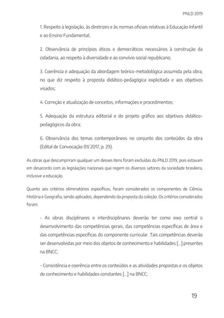 PNLD 2019
19
1. Respeito à legislação, às diretrizes e às normas oficiais relativas à Educação Infantil
e ao Ensino Fundamental;
2. Observância de princípios éticos e democráticos necessários à construção da
cidadania, ao respeito à diversidade e ao convívio social republicano;
3. Coerência e adequação da abordagem teórico-metodológica assumida pela obra,
no que diz respeito à proposta didático-pedagógica explicitada e aos objetivos
visados;
4. Correção e atualização de conceitos, informações e procedimentos;
5. Adequação da estrutura editorial e do projeto gráfico aos objetivos didático-
pedagógicos da obra;
6. Observância dos temas contemporâneos no conjunto dos conteúdos da obra
(Edital de Convocação 01/ 2017, p. 29).
As obras que descumpriram qualquer um desses itens foram excluídas do PNLD 2019, pois estavam
em desacordo com as legislações nacionais que regem os diversos setores da sociedade brasileira,
inclusive a educação.
Quanto aos critérios eliminatórios específicos, foram considerados os componentes de Ciência,
História e Geografia, sendo aplicados, dependendo da proposta da coleção. Os critérios considerados
foram:
- As obras disciplinares e interdisciplinares deverão ter como eixo central o
desenvolvimento das competências gerais, das competências específicas de área e
das competências específicas do componente curricular. Tais competências deverão
ser desenvolvidas por meio dos objetos de conhecimento e habilidades [...] presentes
na BNCC;
- Consistência e coerência entre os conteúdos e as atividades propostas e os objetos
de conhecimento e habilidades constantes [...] na BNCC;
 