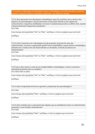 PNLD 2019
34
1.3 Coerência e adequação da abordagem teórico-metodológica assumida pela obra, no que diz
respeito à proposta didático-pedagógica explicitada e aos objetivos visados
1.3.1 A obra apresenta uma abordagem metodológica capaz de contribuir para o alcance dos
objetivos de aprendizagem e desenvolvimento na Educação Infantil ou dos objetos de
conhecimento e respectivas habilidades no Ensino Fundamental previstos na BNCC (V3), visando
o desenvolvimento integral dos estudantes?
Sim | Não
Caso marque a(s) opção(ões) "Sim" ou "Não" : Justifique, e insira as páginas que ocorreram
Justifique:
1.3.2 A obra é coerente com a abordagem por ela proposta, do ponto de vista dos
conhecimentos, recursos e organização geral?A obra compatibiliza a opção teórico-metodológica
adotada com o modo como são desenvolvidas as atividades, evitando paradoxos de
interpretações?
Sim | Não
Caso marque a(s) opção(ões) "Sim" ou "Não" : Justifique, e insira as páginas que ocorreram
Justifique:
1.3.3 Caso a obra recorra a mais de um modelo didático-metodológico, é clara e coerente a
articulação proposta entre os modelos?
Sim | Não | Não se aplica
Caso marque a(s) opção(ões) "Sim" ou "Não" : Justifique, e insira as páginas que ocorreram
Justifique:
1.3.4 A obra é organizada de forma a garantir a progressão das aprendizagens?
Sim | Não
Caso marque a(s) opção(ões) "Não" : Justifique, e insira as páginas que ocorreram
Justifique:
1.3.5 A obra contribui para a apreensão das relações que se estabelecem entre os conhecimentos
propostos e suas funções socioculturais?
Sim | Não
Caso marque a(s) opção(ões) "Não" : Justifique, e insira as páginas que ocorreram
Justifique:
 