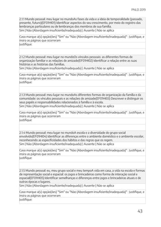 PNLD 2019
43
2.1.1 Mundo pessoal: meu lugar no mundoAs fases da vida e a ideia de temporalidade (passado,
presente, futuro)(EF01HI01) Identificar aspectos do seu crescimento, por meio do registro das
lembranças particulares ou de lembranças dos membros de sua família.
Sim | Não (Abordagem insuficiente/inadequada) | Ausente | Não se aplica
Caso marque a(s) opção(ões) "Sim" ou "Não (Abordagem insuficiente/inadequada)" : Justifique, e
insira as páginas que ocorreram
Justifique:
2.1.2 Mundo pessoal: meu lugar no mundoOs vínculos pessoais: as diferentes formas de
organização familiar e as relações de amizade(EF01HI02) Identificar a relação entre as suas
histórias e as histórias das famílias.
Sim | Não (Abordagem insuficiente/inadequada) | Ausente | Não se aplica
Caso marque a(s) opção(ões) "Sim" ou "Não (Abordagem insuficiente/inadequada)" : Justifique, e
insira as páginas que ocorreram
Justifique:
2.1.3 Mundo pessoal: meu lugar no mundoAs diferentes formas de organização da família e da
comunidade: os vínculos pessoais e as relações de amizade(EF01HI03) Descrever e distinguir os
seus papéis e responsabilidades relacionados à família e à escola.
Sim | Não (Abordagem insuficiente/inadequada) | Ausente | Não se aplica
Caso marque a(s) opção(ões) "Sim" ou "Não (Abordagem insuficiente/inadequada)" : Justifique, e
insira as páginas que ocorreram
Justifique:
2.1.4 Mundo pessoal: meu lugar no mundoA escola e a diversidade do grupo social
envolvido(EF01HI04) Identificar as diferenças entre o ambiente doméstico e o ambiente escolar,
reconhecendo as especificidades dos hábitos e das regras que os regem.
Sim | Não (Abordagem insuficiente/inadequada) | Ausente | Não se aplica
Caso marque a(s) opção(ões) "Sim" ou "Não (Abordagem insuficiente/inadequada)" : Justifique, e
insira as páginas que ocorreram
Justifique:
2.1.5 Mundo pessoal: eu, meu grupo social e meu tempoA vida em casa, a vida na escola e formas
de representação social e espacial: os jogos e brincadeiras como forma de interação social e
espacial(EF01HI05) Identificar semelhanças e diferenças entre jogos e brincadeiras atuais e de
outras épocas e lugares.
Sim | Não (Abordagem insuficiente/inadequada) | Ausente | Não se aplica
Caso marque a(s) opção(ões) "Sim" ou "Não (Abordagem insuficiente/inadequada)" : Justifique, e
insira as páginas que ocorreram
Justifique:
 