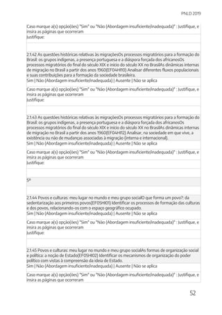 PNLD 2019
52
Caso marque a(s) opção(ões) "Sim" ou "Não (Abordagem insuficiente/inadequada)" : Justifique, e
insira as páginas que ocorreram
Justifique:
2.1.42 As questões históricas relativas às migraçõesOs processos migratórios para a formação do
Brasil: os grupos indígenas, a presença portuguesa e a diáspora forçada dos africanosOs
processos migratórios do final do século XIX e início do século XX no BrasilAs dinâmicas internas
de migração no Brasil a partir dos anos 1960(EF04HI10) Analisar diferentes fluxos populacionais
e suas contribuições para a formação da sociedade brasileira.
Sim | Não (Abordagem insuficiente/inadequada) | Ausente | Não se aplica
Caso marque a(s) opção(ões) "Sim" ou "Não (Abordagem insuficiente/inadequada)" : Justifique, e
insira as páginas que ocorreram
Justifique:
2.1.43 As questões históricas relativas às migraçõesOs processos migratórios para a formação do
Brasil: os grupos indígenas, a presença portuguesa e a diáspora forçada dos africanosOs
processos migratórios do final do século XIX e início do século XX no BrasilAs dinâmicas internas
de migração no Brasil a partir dos anos 1960(EF04HI12) Analisar, na sociedade em que vive, a
existência ou não de mudanças associadas à migração (interna e internacional).
Sim | Não (Abordagem insuficiente/inadequada) | Ausente | Não se aplica
Caso marque a(s) opção(ões) "Sim" ou "Não (Abordagem insuficiente/inadequada)" : Justifique, e
insira as páginas que ocorreram
Justifique:
5º
2.1.44 Povos e culturas: meu lugar no mundo e meu grupo socialO que forma um povo?: da
sedentarização aos primeiros povos(EF05HI01) Identificar os processos de formação das culturas
e dos povos, relacionando-os com o espaço geográfico ocupado.
Sim | Não (Abordagem insuficiente/inadequada) | Ausente | Não se aplica
Caso marque a(s) opção(ões) "Sim" ou "Não (Abordagem insuficiente/inadequada)" : Justifique, e
insira as páginas que ocorreram
Justifique:
2.1.45 Povos e culturas: meu lugar no mundo e meu grupo socialAs formas de organização social
e política: a noção de Estado(EF05HI02) Identificar os mecanismos de organização do poder
político com vistas à compreensão da ideia de Estado.
Sim | Não (Abordagem insuficiente/inadequada) | Ausente | Não se aplica
Caso marque a(s) opção(ões) "Sim" ou "Não (Abordagem insuficiente/inadequada)" : Justifique, e
insira as páginas que ocorreram
 
