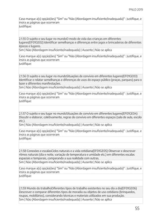 PNLD 2019
55
Caso marque a(s) opção(ões) "Sim" ou "Não (Abordagem insuficiente/inadequada)" : Justifique, e
insira as páginas que ocorreram
Justifique:
2.1.55 O sujeito e seu lugar no mundoO modo de vida das crianças em diferentes
lugares(EF01GE02) Identificar semelhanças e diferenças entre jogos e brincadeiras de diferentes
épocas e lugares.
Sim | Não (Abordagem insuficiente/inadequada) | Ausente | Não se aplica
Caso marque a(s) opção(ões) "Sim" ou "Não (Abordagem insuficiente/inadequada)" : Justifique, e
insira as páginas que ocorreram
Justifique:
2.1.56 O sujeito e seu lugar no mundoSituações de convívio em diferentes lugares(EF01GE03)
Identificar e relatar semelhanças e diferenças de usos do espaço público (praças, parques) para o
lazer e diferentes manifestações.
Sim | Não (Abordagem insuficiente/inadequada) | Ausente | Não se aplica
Caso marque a(s) opção(ões) "Sim" ou "Não (Abordagem insuficiente/inadequada)" : Justifique, e
insira as páginas que ocorreram
Justifique:
2.1.57 O sujeito e seu lugar no mundoSituações de convívio em diferentes lugares(EF01GE04)
Discutir e elaborar, coletivamente, regras de convívio em diferentes espaços (sala de aula, escola
etc.).
Sim | Não (Abordagem insuficiente/inadequada) | Ausente | Não se aplica
Caso marque a(s) opção(ões) "Sim" ou "Não (Abordagem insuficiente/inadequada)" : Justifique, e
insira as páginas que ocorreram
Justifique:
2.1.58 Conexões e escalasCiclos naturais e a vida cotidiana(EF01GE05) Observar e descrever
ritmos naturais (dia e noite, variação de temperatura e umidade etc.) em diferentes escalas
espaciais e temporais, comparando a sua realidade com outras.
Sim | Não (Abordagem insuficiente/inadequada) | Ausente | Não se aplica
Caso marque a(s) opção(ões) "Sim" ou "Não (Abordagem insuficiente/inadequada)" : Justifique, e
insira as páginas que ocorreram
Justifique:
2.1.59 Mundo do trabalhoDiferentes tipos de trabalho existentes no seu dia a dia(EF01GE06)
Descrever e comparar diferentes tipos de moradia ou objetos de uso cotidiano (brinquedos,
roupas, mobiliários), considerando técnicas e materiais utilizados em sua produção.
Sim | Não (Abordagem insuficiente/inadequada) | Ausente | Não se aplica
 