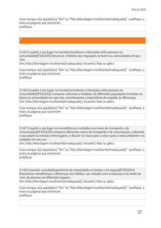PNLD 2019
57
Caso marque a(s) opção(ões) "Sim" ou "Não (Abordagem insuficiente/inadequada)" : Justifique, e
insira as páginas que ocorreram
Justifique:
2º
2.1.65 O sujeito e seu lugar no mundoConvivência e interações entre pessoas na
comunidade(EF02GE01) Descrever a história das migrações no bairro ou comunidade em que
vive.
Sim | Não (Abordagem insuficiente/inadequada) | Ausente | Não se aplica
Caso marque a(s) opção(ões) "Sim" ou "Não (Abordagem insuficiente/inadequada)" : Justifique, e
insira as páginas que ocorreram
Justifique:
2.1.66 O sujeito e seu lugar no mundoConvivência e interações entre pessoas na
comunidade(EF02GE02) Comparar costumes e tradições de diferentes populações inseridas no
bairro ou comunidade em que vive, reconhecendo a importância do respeito às diferenças.
Sim | Não (Abordagem insuficiente/inadequada) | Ausente | Não se aplica
Caso marque a(s) opção(ões) "Sim" ou "Não (Abordagem insuficiente/inadequada)" : Justifique, e
insira as páginas que ocorreram
Justifique:
2.1.67 O sujeito e seu lugar no mundoRiscos e cuidados nos meios de transporte e de
comunicação(EF02GE03) Comparar diferentes meios de transporte e de comunicação, indicando
o seu papel na conexão entre lugares, e discutir os riscos para a vida e para o meio ambiente e os
cuidados em seu uso.
Sim | Não (Abordagem insuficiente/inadequada) | Ausente | Não se aplica
Caso marque a(s) opção(ões) "Sim" ou "Não (Abordagem insuficiente/inadequada)" : Justifique, e
insira as páginas que ocorreram
Justifique:
2.1.68 Conexões e escalasExperiências da comunidade no tempo e no espaço(EF02GE04)
Reconhecer semelhanças e diferenças nos hábitos, nas relações com a natureza e no modo de
viver de pessoas em diferentes lugares.
Sim | Não (Abordagem insuficiente/inadequada) | Ausente | Não se aplica
Caso marque a(s) opção(ões) "Sim" ou "Não (Abordagem insuficiente/inadequada)" : Justifique, e
insira as páginas que ocorreram
Justifique:
 
