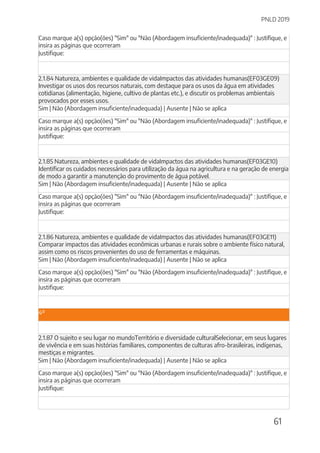 PNLD 2019
61
Caso marque a(s) opção(ões) "Sim" ou "Não (Abordagem insuficiente/inadequada)" : Justifique, e
insira as páginas que ocorreram
Justifique:
2.1.84 Natureza, ambientes e qualidade de vidaImpactos das atividades humanas(EF03GE09)
Investigar os usos dos recursos naturais, com destaque para os usos da água em atividades
cotidianas (alimentação, higiene, cultivo de plantas etc.), e discutir os problemas ambientais
provocados por esses usos.
Sim | Não (Abordagem insuficiente/inadequada) | Ausente | Não se aplica
Caso marque a(s) opção(ões) "Sim" ou "Não (Abordagem insuficiente/inadequada)" : Justifique, e
insira as páginas que ocorreram
Justifique:
2.1.85 Natureza, ambientes e qualidade de vidaImpactos das atividades humanas(EF03GE10)
Identificar os cuidados necessários para utilização da água na agricultura e na geração de energia
de modo a garantir a manutenção do provimento de água potável.
Sim | Não (Abordagem insuficiente/inadequada) | Ausente | Não se aplica
Caso marque a(s) opção(ões) "Sim" ou "Não (Abordagem insuficiente/inadequada)" : Justifique, e
insira as páginas que ocorreram
Justifique:
2.1.86 Natureza, ambientes e qualidade de vidaImpactos das atividades humanas(EF03GE11)
Comparar impactos das atividades econômicas urbanas e rurais sobre o ambiente físico natural,
assim como os riscos provenientes do uso de ferramentas e máquinas.
Sim | Não (Abordagem insuficiente/inadequada) | Ausente | Não se aplica
Caso marque a(s) opção(ões) "Sim" ou "Não (Abordagem insuficiente/inadequada)" : Justifique, e
insira as páginas que ocorreram
Justifique:
4º
2.1.87 O sujeito e seu lugar no mundoTerritório e diversidade culturalSelecionar, em seus lugares
de vivência e em suas histórias familiares, componentes de culturas afro-brasileiras, indígenas,
mestiças e migrantes.
Sim | Não (Abordagem insuficiente/inadequada) | Ausente | Não se aplica
Caso marque a(s) opção(ões) "Sim" ou "Não (Abordagem insuficiente/inadequada)" : Justifique, e
insira as páginas que ocorreram
Justifique:
 