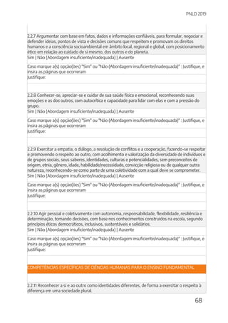 PNLD 2019
68
2.2.7 Argumentar com base em fatos, dados e informações confiáveis, para formular, negociar e
defender ideias, pontos de vista e decisões comuns que respeitem e promovam os direitos
humanos e a consciência socioambiental em âmbito local, regional e global, com posicionamento
ético em relação ao cuidado de si mesmo, dos outros e do planeta.
Sim | Não (Abordagem insuficiente/inadequada) | Ausente
Caso marque a(s) opção(ões) "Sim" ou "Não (Abordagem insuficiente/inadequada)" : Justifique, e
insira as páginas que ocorreram
Justifique:
2.2.8 Conhecer-se, apreciar-se e cuidar de sua saúde física e emocional, reconhecendo suas
emoções e as dos outros, com autocrítica e capacidade para lidar com elas e com a pressão do
grupo.
Sim | Não (Abordagem insuficiente/inadequada) | Ausente
Caso marque a(s) opção(ões) "Sim" ou "Não (Abordagem insuficiente/inadequada)" : Justifique, e
insira as páginas que ocorreram
Justifique:
2.2.9 Exercitar a empatia, o diálogo, a resolução de conflitos e a cooperação, fazendo-se respeitar
e promovendo o respeito ao outro, com acolhimento e valorização da diversidade de indivíduos e
de grupos sociais, seus saberes, identidades, culturas e potencialidades, sem preconceitos de
origem, etnia, gênero, idade, habilidade/necessidade, convicção religiosa ou de qualquer outra
natureza, reconhecendo-se como parte de uma coletividade com a qual deve se comprometer.
Sim | Não (Abordagem insuficiente/inadequada) | Ausente
Caso marque a(s) opção(ões) "Sim" ou "Não (Abordagem insuficiente/inadequada)" : Justifique, e
insira as páginas que ocorreram
Justifique:
2.2.10 Agir pessoal e coletivamente com autonomia, responsabilidade, flexibilidade, resiliência e
determinação, tomando decisões, com base nos conhecimentos construídos na escola, segundo
princípios éticos democráticos, inclusivos, sustentáveis e solidários.
Sim | Não (Abordagem insuficiente/inadequada) | Ausente
Caso marque a(s) opção(ões) "Sim" ou "Não (Abordagem insuficiente/inadequada)" : Justifique, e
insira as páginas que ocorreram
Justifique:
COMPETÊNCIAS ESPECÍFICAS DE CIÊNCIAS HUMANAS PARA O ENSINO FUNDAMENTAL
2.2.11 Reconhecer a si e ao outro como identidades diferentes, de forma a exercitar o respeito à
diferença em uma sociedade plural.
 