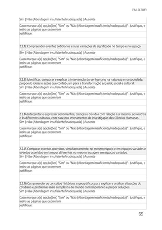PNLD 2019
69
Sim | Não (Abordagem insuficiente/inadequada) | Ausente
Caso marque a(s) opção(ões) "Sim" ou "Não (Abordagem insuficiente/inadequada)" : Justifique, e
insira as páginas que ocorreram
Justifique:
2.2.12 Compreender eventos cotidianos e suas variações de significado no tempo e no espaço.
Sim | Não (Abordagem insuficiente/inadequada) | Ausente
Caso marque a(s) opção(ões) "Sim" ou "Não (Abordagem insuficiente/inadequada)" : Justifique, e
insira as páginas que ocorreram
Justifique:
2.2.13 Identificar, comparar e explicar a intervenção do ser humano na natureza e na sociedade,
propondo ideias e ações que contribuam para a transformação espacial, social e cultural.
Sim | Não (Abordagem insuficiente/inadequada) | Ausente
Caso marque a(s) opção(ões) "Sim" ou "Não (Abordagem insuficiente/inadequada)" : Justifique, e
insira as páginas que ocorreram
Justifique:
2.2.14 Interpretar e expressar sentimentos, crenças e dúvidas com relação a si mesmo, aos outros
e às diferentes culturas, com base nos instrumentos de investigação das Ciências Humanas.
Sim | Não (Abordagem insuficiente/inadequada) | Ausente
Caso marque a(s) opção(ões) "Sim" ou "Não (Abordagem insuficiente/inadequada)" : Justifique, e
insira as páginas que ocorreram
Justifique:
2.2.15 Comparar eventos ocorridos, simultaneamente, no mesmo espaço e em espaços variados e
eventos ocorridos em tempos diferentes no mesmo espaço e em espaços variados.
Sim | Não (Abordagem insuficiente/inadequada) | Ausente
Caso marque a(s) opção(ões) "Sim" ou "Não (Abordagem insuficiente/inadequada)" : Justifique, e
insira as páginas que ocorreram
Justifique:
2.2.16 Compreender os conceitos históricos e geográficos para explicar e analisar situações do
cotidiano e problemas mais complexos do mundo contemporâneo e propor soluções.
Sim | Não (Abordagem insuficiente/inadequada) | Ausente
Caso marque a(s) opção(ões) "Sim" ou "Não (Abordagem insuficiente/inadequada)" : Justifique, e
insira as páginas que ocorreram
Justifique:
 