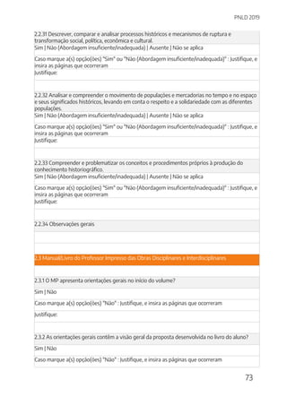 PNLD 2019
73
2.2.31 Descrever, comparar e analisar processos históricos e mecanismos de ruptura e
transformação social, política, econômica e cultural.
Sim | Não (Abordagem insuficiente/inadequada) | Ausente | Não se aplica
Caso marque a(s) opção(ões) "Sim" ou "Não (Abordagem insuficiente/inadequada)" : Justifique, e
insira as páginas que ocorreram
Justifique:
2.2.32 Analisar e compreender o movimento de populações e mercadorias no tempo e no espaço
e seus significados históricos, levando em conta o respeito e a solidariedade com as diferentes
populações.
Sim | Não (Abordagem insuficiente/inadequada) | Ausente | Não se aplica
Caso marque a(s) opção(ões) "Sim" ou "Não (Abordagem insuficiente/inadequada)" : Justifique, e
insira as páginas que ocorreram
Justifique:
2.2.33 Compreender e problematizar os conceitos e procedimentos próprios à produção do
conhecimento historiográfico.
Sim | Não (Abordagem insuficiente/inadequada) | Ausente | Não se aplica
Caso marque a(s) opção(ões) "Sim" ou "Não (Abordagem insuficiente/inadequada)" : Justifique, e
insira as páginas que ocorreram
Justifique:
2.2.34 Observações gerais
2.3 Manual/Livro do Professor Impresso das Obras Disciplinares e Interdisciplinares
2.3.1 O MP apresenta orientações gerais no início do volume?
Sim | Não
Caso marque a(s) opção(ões) "Não" : Justifique, e insira as páginas que ocorreram
Justifique:
2.3.2 As orientações gerais contêm a visão geral da proposta desenvolvida no livro do aluno?
Sim | Não
Caso marque a(s) opção(ões) "Não" : Justifique, e insira as páginas que ocorreram
 