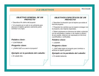 2.2) OBJETIVOS
OBJETIVOS ESPECÍFICOS DE UN
PROYECTO
 Describen la situación que se espera que exista al
final del proyecto.
 Presentan los cambios que se espera conseguir con
el proyecto y las mejoras esperadas.
 Deben expresarse en términos de metas a alcanzar
(no de actividades a realizar ni de medios a utilizar);
de ser posible, deberían ser expresado en términos
cuantificables o verificables.
Palabra clave:
 LOGRAR
Pregunta clave:
 ¿QUÉ debe lograr el proyecto para contribuir a
alcanzar el objetivo general?
Ejemplo en la parábola del caballo:
 El caballo bebiendo.
OBJETIVO GENERAL DE UN
PROYECTO
 Describe el fin último del proyecto
 Un proyecto por sí solo no es suficiente para
alcanzar el objetivo general, solamente podrá
contribuir a su logro.
Palabra clave:
 CONTRIBUIR
Pregunta clave:
 ¿PARA QUÉ va a servir el proyecto?
Ejemplo en la parábola del caballo:
 El caballo feliz.
 