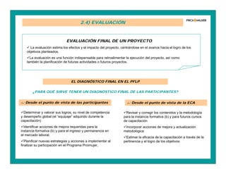 2.4) EVALUACIÓN
EVALUACIÓN FINAL DE UN PROYECTO
 La evaluación estima los efectos y el impacto del proyecto, centrándose en el avance hacia el logro de los
objetivos planteados.
La evaluación es una función indispensable para retroalimentar la ejecución del proyecto, así como
también la planificación de futuras actividades o futuros proyectos.
EL DIAGNÓSTICO FINAL EN EL PFLP
¿PARA QUÉ SIRVE TENER UN DIAGNÓSTICO FINAL DE LAS PARTICIPANTES?
Desde el punto de vista de las participantes Desde el punto de vista de la ECA
Determinar y valorar sus logros, su nivel de competencia
y desempeño global (el “equipaje” adquirido durante la
capacitación)
Identificar acciones de mejora requeridas para la
instancia formativa (b) y para el ingreso y permanencia en
el mercado laboral.
Planificar nuevas estrategias y acciones a implementar al
finalizar su participación en el Programa Proimujer,
Revisar y corregir los contenidos y la metodología
para la instancia formativa (b) y para futuros cursos
de capacitación
Incorporar acciones de mejora y actualización
metodológica
Estimar la eficacia de la capacitación a través de la
pertinencia y el logro de los objetivos
 