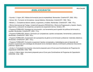 BIBLIOGRAFÍA
- Guzmán, V; Irigoin, M.E. Módulo de formación para la empleabilidad. Montevideo: Cinterfor/OIT, 2000. 190 p.
- Herraiz, M.L. Formación de formadores: manual didáctico. Montevideo: Cinterfor/OIT, 1994. 158 p.
- Mertens, L. Competencia laboral: sistema, surgimiento y modelos. Montevideo: Cinterfor/OIT, 1996. 119 p.
- Oficina Internacional del Trabajo, Unidad de Evaluación (PROG/EVAL), Oficina de Programación y Gestión. Diseño,
seguimiento y evaluación de programas y proyectos de cooperación técnica. Ginebra: OIT,
- Programa FORMUJER. Estrategia de comunicación: una herramienta para la gestión de políticas de formación y
equidad. Montevideo: Cinterfor/OIT, 2003. 115 p.
- Programa FORMUJER. Género y formación por competencias: aportes conceptuales, herramientas y aplicaciones.
Montevideo: Cinterfor/OIT, 2003. 192 p.
- Programa FORMUJER. Incorporación de la perspectiva de género en la formación profesional: materiales didácticos.
Montevideo: Cinterfor/OIT, 2001. 132 p.
- Programa FORMUJER. El proyecto ocupacional: Aportes conceptuales y metodológicos para el desarrollo del
proyecto ocupacional como estrategia de articulación de la orientación laboral y la formación profesional. Documento
preliminar. Agosto 2001.
- Urrutia, A. Formulación de proyectos: documento preparado para el Curso para Coordinadores de Programas de
Capacitación CIDE/DSE. Chile: 1996.
- Urrutia, A. Marco lógico: documento preparado para el Curso para Coordinadores de Programas de Capacitación
CIDE/DSE. Chile: 1996.
 