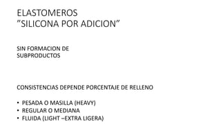 ELASTOMEROS
”SILICONA POR ADICION”
SIN FORMACION DE
SUBPRODUCTOS
CONSISTENCIAS DEPENDE PORCENTAJE DE RELLENO
• PESADA O MASILLA (HEAVY)
• REGULAR O MEDIANA
• FLUIDA (LIGHT –EXTRA LIGERA)
 