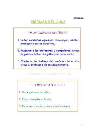 ANEXO 7A

            NORMAS DEL AULA


       ¡¡¡¡MUY IMPORTANTES!!!!!

1. Evitar conductas agresivas como pegar, insultar,
   amenazar o gestos agresivos.

2. Respetar a los profesores y compañeros: turnos
   de palabra, hablar sin gritar y no hacer ruido.

3. Obedecer las órdenes del profesor: hacer sólo
   lo que el profesor pide en cada momento.




           ¡¡¡¡IMPORTANTES!!!!!

 1. No levantarse del sitio.

 2. Estar tranquilo en la silla.

 3. Escuchar cuando se dan las explicaciones.




                                                      52
 
