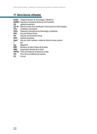 Guía de Práctica Clínica - Diagnóstico y tratamiento de infección vaginal en obstetricia
22
17. Abreviaturas utilizadas
ACOG:	 Colegio Americano de Ginecología y Obstetricia
AGREE:	 Appraisal of Guidelines Research and Evaluation
VB:	 vaginosis bacteriana
CIE 10:	 Décima revisión de la Clasificación Internacional de Enfermedades
CVV:	 candidiasis vulvovaginal
FIGO:	 Federación Internacional de Ginecología y Obstetricia
GPC:	 Guía de Práctica Clínica
ITS:	 Infección de transmisión sexual
KOH:	 hidróxido de potasio
Kg/m2
:	 kilos por metro cuadrado, unidad de índice de masa corporal
l:	litro
mg:	Miligramos
MSP:	 Ministerio de Salud Pública del Ecuador
OMS:	 Organización Mundial de la Salud
UNFPA:	 Fondo de Población de Naciones Unidas
VIH:	 Virus de Inmunodeficiencia Humana
VO:	 Via oral
 