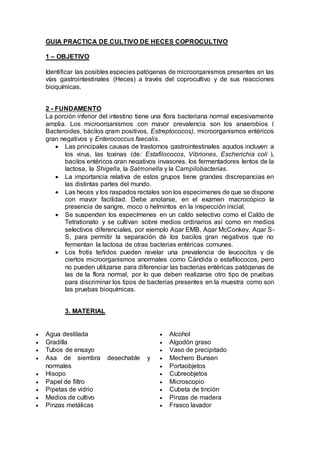 GUIA PRACTICA DE CULTIVO DE HECES COPROCULTIVO
1 – OBJETIVO
Identificar las posibles especies patógenas de microorganismos presentes en las
vías gastrointestinales (Heces) a través del coprocultivo y de sus reacciones
bioquímicas.
2 - FUNDAMENTO
La porción inferior del intestino tiene una flora bacteriana normal excesivamente
amplia. Los microorganismos con mayor prevalencia son los anaerobios (
Bacteroides, bácilos gram positivos, Estreptococos), microorganismos entéricos
gran negativos y Enterococcus faecalis.
 Las principales causas de trastornos gastrointestinales agudos incluyen a
los virus, las toxinas (de: Estafilococos, Vibriones, Escherichia coli ),
bacilos entéricos gran negativos invasores, los fermentadores lentos de la
lactosa, la Shigella, la Salmonella y la Campilobacterias.
 La importancia relativa de estos grupos tiene grandes discrepancias en
las distintas partes del mundo.
 Las heces y los raspados rectales son los especimenes de que se dispone
con mayor facilidad. Debe anotarse, en el examen macrocópico la
presencia de sangre, moco o helmintos en la inspección inicial.
 Se suspenden los especímenes en un caldo selectivo como el Caldo de
Tetrationato y se cultivan sobre medios ordinarios así como en medios
selectivos diferenciales, por ejemplo Agar EMB, Agar McConkey, Agar S-
S, para permitir la separación de los bacilos gran negativos que no
fermentan la lactosa de otras bacterias entéricas comunes.
 Los frotis teñidos pueden revelar una prevalencia de leucocitos y de
ciertos microorganismos anormales como Cándida o estafilococos, pero
no pueden utilizarse para diferenciar las bacterias entéricas patógenas de
las de la flora normal, por lo que deben realizarse otro tipo de pruebas
para discriminar los tipos de bacterias presentes en la muestra como son
las pruebas bioquímicas.
3. MATERIAL
 Agua destilada
 Gradilla
 Tubos de ensayo
 Asa de siembra desechable y
normales
 Hisopo
 Papel de filtro
 Pipetas de vidrio
 Medios de cultivo
 Pinzas metálicas
 Alcohol
 Algodón graso
 Vaso de precipitado
 Mechero Bunsen
 Portaobjetos
 Cubreobjetos
 Microscopio
 Cubeta de tinción
 Pinzas de madera
 Frasco lavador
 