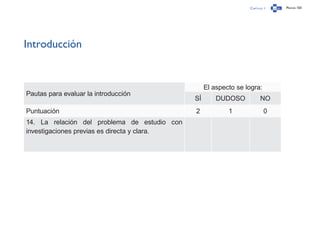 Capítulo 1 Página 103
Introducción
Pautas para evaluar la introducción
El aspecto se logra:
SÍ DUDOSO NO
Puntuación 2 1 0
14. La relación del problema de estudio con
investigaciones previas es directa y clara.
 