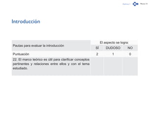 Capítulo 1 Página 111
Introducción
Pautas para evaluar la introducción
El aspecto se logra:
SÍ DUDOSO NO
Puntuación 2 1 0
22. El marco teórico es útil para clarificar conceptos
pertinentes y relaciones entre ellos y con el tema
estudiado.
 