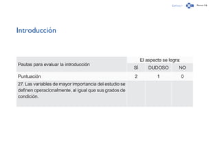 Capítulo 1 Página 116
Introducción
Pautas para evaluar la introducción
El aspecto se logra:
SÍ DUDOSO NO
Puntuación 2 1 0
27. Las variables de mayor importancia del estudio se
definen operacionalmente, al igual que sus grados de
condición.
 