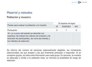 Capítulo 2 Página 157
Material y métodos
Población y muestra
Pautas para evaluar la población y la muestra
El aspecto se logra:
SÍ DUDOSO NO
Puntuación 2 1 0
16. La muestra del estudio se describe con
exactitud. Se indican los criterios de inclusión y de
exclusión de participantes, así como las fuentes y
los métodos de selección.
Se informa del número de personas potencialmente elegibles, las inicialmente
seleccionadas, las que aceptan y las que finalmente participan o responden. Si se
comparan grupos, se indica esta información para cada grupo. En resumen, la muestra
es adecuada y similar a la población base; se minimiza la posibilidad de sesgo de
selección.
 