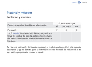 Capítulo 2 Página 160
Material y métodos
Población y muestra
Pautas para evaluar la población y la muestra
El aspecto se logra:
SÍ DUDOSO NO
Puntuación 2 1 0
19. El tamaño de muestra se informa y se justifica a
la luz del objetivo del estudio, del diseño del estudio,
del método de muestreo y del análisis estadístico de
los datos.
Se hizo una estimación del tamaño muestral, el nivel de confianza (1-α) y la potencia
estadística (1-β) del estudio para la estimación de las medidas de frecuencia o de
asociación que pretendía obtener el estudio.
 