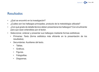 Capítulo 3 Página 180
Resultados
•	 ¿Qué se encontró en la investigación?
•	 ¿Cuáles son los hallazgos principales, producto de la metodología utilizada?
•	 ¿Con qué grado de detalle técnico deben presentarse los hallazgos? Con el suficiente
para que sean entendidos por el lector.
•	 Seleccionar, ordenar y presentar sus hallazgos mediante formas estilísticas:
•	 Primarias: Texto (forma estilística más eficiente en la presentación de los
resultados).
•	 Secundarias: Auxiliares del texto.
•	 Tablas.
•	 Gráficos.
•	 Figuras.
•	 Fotografías.
•	 Diagramas.
 