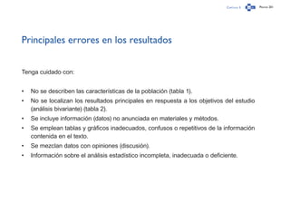 Capítulo 3 Página 201
Principales errores en los resultados
Tenga cuidado con:
•	 No se describen las características de la población (tabla 1).
•	 No se localizan los resultados principales en respuesta a los objetivos del estudio
(análisis bivariante) (tabla 2).
•	 Se incluye información (datos) no anunciada en materiales y métodos.
•	 Se emplean tablas y gráficos inadecuados, confusos o repetitivos de la información
contenida en el texto.
•	 Se mezclan datos con opiniones (discusión).
•	 Información sobre el análisis estadístico incompleta, inadecuada o deficiente.
 