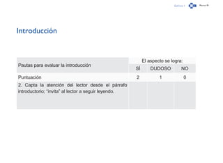 Capítulo 1 Página 91
Introducción
Pautas para evaluar la introducción
El aspecto se logra:
SÍ DUDOSO NO
Puntuación 2 1 0
2. Capta la atención del lector desde el párrafo
introductorio; “invita” al lector a seguir leyendo.
 
