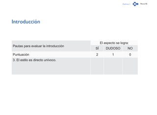 Capítulo 1 Página 92
Introducción
Pautas para evaluar la introducción
El aspecto se logra:
SÍ DUDOSO NO
Puntuación 2 1 0
3. El estilo es directo unívoco.
 