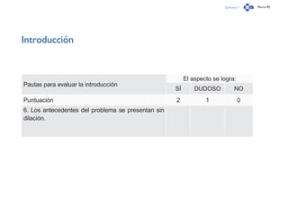 Capítulo 1 Página 95
Introducción
Pautas para evaluar la introducción
El aspecto se logra:
SÍ DUDOSO NO
Puntuación 2 1 0
6. Los antecedentes del problema se presentan sin
dilación.
 