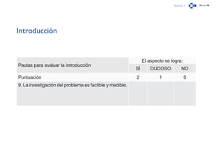 Capítulo 1 Página 98
Introducción
Pautas para evaluar la introducción
El aspecto se logra:
SÍ DUDOSO NO
Puntuación 2 1 0
9. La investigación del problema es factible y medible.
 