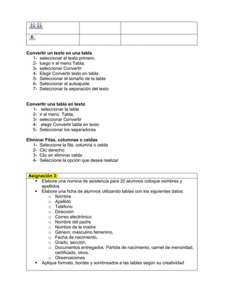 Convertir un texto en una tabla
  1- seleccionar el texto primero,
  2- luego ir al menú Tabla,
  3- seleccionar Convertir
  4- Elegir Convertir texto en tabla
  5- Seleccionar el tamaño de la tabla
  6- Seleccionar el autoajuste
  7- Seleccionar la separación del texto


Convertir una tabla en texto
  1- seleccionar la tabla
  2- ir al menú Tabla,
  3- seleccionar Convertir
  4- elegir Convertir tabla en texto
  5- Seleccionar los separadores

Eliminar Filas, columnas o celdas
   1- Seleccione la fila, columna o celda
   2- Clic derecho
   3- Clic en eliminar celda
   4- Seleccione la opción que desea realizar


 Asignación 3:
     Elabore una nomina de asistencia para 20 alumnos coloque nombres y
      apellidos
     Elabore una ficha de alumnos utilizando tablas con los siguientes datos:
          o Nombre
          o Apellido
          o Teléfono
          o Dirección
          o Correo electrónico
          o Nombre del padre
          o Nombre de la madre
          o Género: masculino femenino,
          o Fecha de nacimiento,
          o Grado, sección,
          o Documentos entregados: Partida de nacimiento, carnet de menoridad,
             certificado, otros.
          o Observaciones
     Aplique formato, bordes y sombreados a las tablas según su creatividad
 