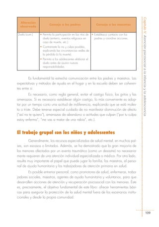 Capítulo V: Atención psicosocial a la infancia y la adolescencia
  Alteración
                        Consejo a los padres                    Consejo a los maestros
  observada

Duelo (cont.)   • Permita la participación en los ritos de   • Establezca contacto con los
                  duelo (entierro, eventos religiosos en       padres y coordine acciones.
                  caso de muerte, etc.).
                • Contrarreste la ira y culpa posibles,
                  explicando las circunstancias reales de
                  la pérdida (o la muerte).
                • Permita a los adolescentes elaborar el
                  duelo antes de asumir nuevas
                  responsabilidades.



         Es fundamental la estrecha comunicación entre los padres y maestros. Las
expectativas y métodos de ayuda en el hogar y en la escuela deben ser coheren-
tes entre sí.
          Es necesario, como regla general, evitar el castigo físico, los gritos y las
amenazas. Si es necesario establecer algún castigo, lo más conveniente es adop-
tar por un tiempo corto una actitud de indiferencia, explicando que se está moles-
to o triste. Debe tenerse especial cuidado de no manifestar disminución de afecto
(“así no te quiero”), amenazas de abandono o actitudes que culpan (“por tu culpa
estoy enfermo”, “me vas a matar de una rabia”, etc.).


El trabajo grupal con los niños y adolescentes
        Generalmente, los recursos especializados de salud mental, en muchos paí-
ses, son escasos o limitados. Además, se ha demostrado que la gran mayoría de
los menores afectados por un evento traumático (como un desastre) no necesaria-
mente requieren de una atención individual especializada o médica. Por otro lado,
resulta muy importante el papel que puede jugar la familia, los maestros, el perso-
nal de ayuda humanitaria y los trabajadores de atención primaria en salud.
        Es posible entrenar personal, como promotores de salud, enfermeras, traba-
jadores sociales, maestros, agentes de ayuda humanitaria y voluntarios, para que
desarrollen acciones de atención y recuperación psicosocial con los menores. Éste
es, precisamente, el objetivo fundamental de este libro: ofrecer herramientas bási-
cas para asegurar la protección de la salud mental fuera de los escenarios institu-
cionales y desde la propia comunidad.



                                                                                                                  109
 