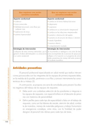 Que requieren una acción                       Que no requieren una acción
                                                                      correctiva inmediata                            correctiva inmediata

                                                            Aspecto conductual                               Aspecto conductual
                                                            • violencia                                      • cambio en la forma habitual de actuar
                                                            • actos antisociales                             • alejamiento
                                                            • labilidad emocional, como llorar por           • suspicacia
                                                              cualquier cosa                                 • cambios en su comunicación interpersonal
                                                            • explosiones de enojo                           • cambios en las relaciones interpersonales
                                                            • extrema hiperactividad                         • aumento o disminución del apetito
                                                                                                             • aumento en el consumo de tabaco o alcohol
                                                                                                             • estado hiperalerta
                                                                                                             • excesivo silencio
                                                                                                             • comportamiento inusitado
                                                            Estrategia de intervención                       Estrategia de intervención
                                                            Cualquiera de estos síntomas demandan, por lo Se recomienda un repliegue a una zona de des-
                                                            general, el relevo del trabajador o su evacuación canso acompañado de un proceso de apoyo psi-
                                                            a un centro asistencial.                          cológico o la inserción a un programa de activi-
                                                                                                              dades preventivas de manejo del estrés posterior
                                                                                                              al incidente traumático.



                                                            Actividades preventivas
Guía práctica de salud mental en situaciones de desastres




                                                                     El personal profesional especializado en salud mental que realice interven-
                                                            ciones psicosociales con los integrantes de los equipos de primera respuesta debe,
                                                            en la medida de lo posible, pertenecer a sus filas y conocer internamente las carac-
                                                            terísticas de su trabajo (3).
                                                                   A continuación, se propone una serie de actividades para prevenir los efec-
                                                            tos negativos del trabajo de los equipos de respuesta:
                                                                    •     Debe existir una cuidadosa selección de los postulantes a integrarse a
                                                                          los equipos de respuesta, con especial énfasis en el descarte de perso-
                                                                          nas con trastornos de personalidad.
                                                                    •     Definir perfiles para cada tipo de especialidad o labor en el trabajo de
                                                                          respuesta, como son las labores de rescate, atención de salud, comba-
                                                                          te de incendios, manejo de materiales peligrosos y trabajo humanitario
                                                                          en emergencias complejas, entre otros, con la finalidad de poder
                                                                          designar al personal más idóneo para cada tipo de tarea.



144
 