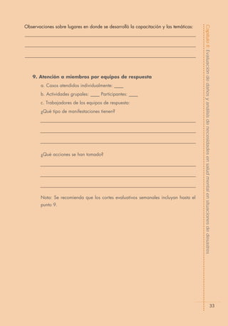Capítulo II: Evaluación de daños y análisis de necesidades en salud mental en situaciones de desastres
Observaciones sobre lugares en donde se desarrolló la capacitación y las temáticas:




    9. Atención a miembros por equipos de respuesta
        a. Casos atendidos individualmente: ____
        b. Actividades grupales: ____ Participantes: ____
        c. Trabajadores de los equipos de respuesta:
        ¿Qué tipo de manifestaciones tienen?




        ¿Qué acciones se han tomado?




        Nota: Se recomienda que los cortes evaluativos semanales incluyan hasta el
        punto 9.




                                                                                                                                    33
 