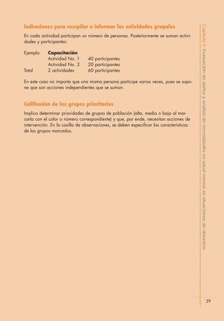Indicaciones para recopilar e informar las actividades grupales




                                                                                         Capítulo II: Evaluación de daños y análisis de necesidades en salud mental en situaciones de desastres
En cada actividad participan un número de personas. Posteriormente se suman activi-
dades y participantes:

Ejemplo:    Capacitación
            Actividad No. 1      40 participantes
            Actividad No. 2      20 participantes
Total       2 actividades        60 participantes

En este caso no importa que una misma persona participe varias veces, pues se supo-
ne que son acciones independientes que se suman.


Calificación de los grupos prioritarios
Implica determinar prioridades de grupos de población (alta, media o baja al mar-
carla con el color o número correspondiente) y que, por ende, necesitan acciones de
intervención. En la casilla de observaciones, se deben especificar las características
de los grupos marcados.




                                                                                                                                       39
 
